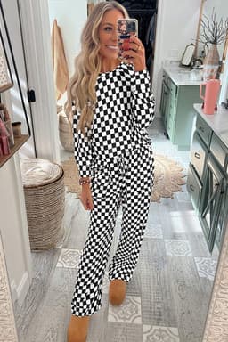 image-Checkered Print Lounge Set - Beige Long Sleeve Top & Pants Set