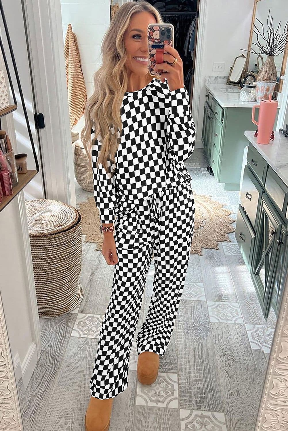 image-Checkered Print Lounge Set - Beige Long Sleeve Top & Pants Set