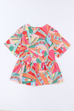 image-Multicolor Boho V-Neck Flowy Blouse - Split Sleeves Abstract Pattern