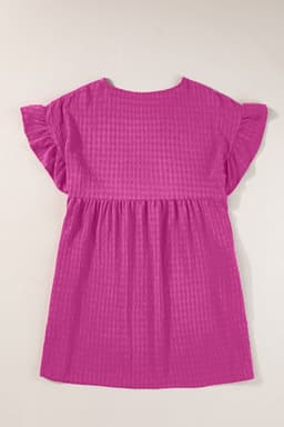 image-Rose Red Ruffled Short Sleeve Mini Dress - Textured Fabric, Sizes S-XL