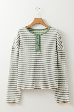 image-Brown Stripe Frilly Trim Henley Long Sleeve Top - Casual Playful Design