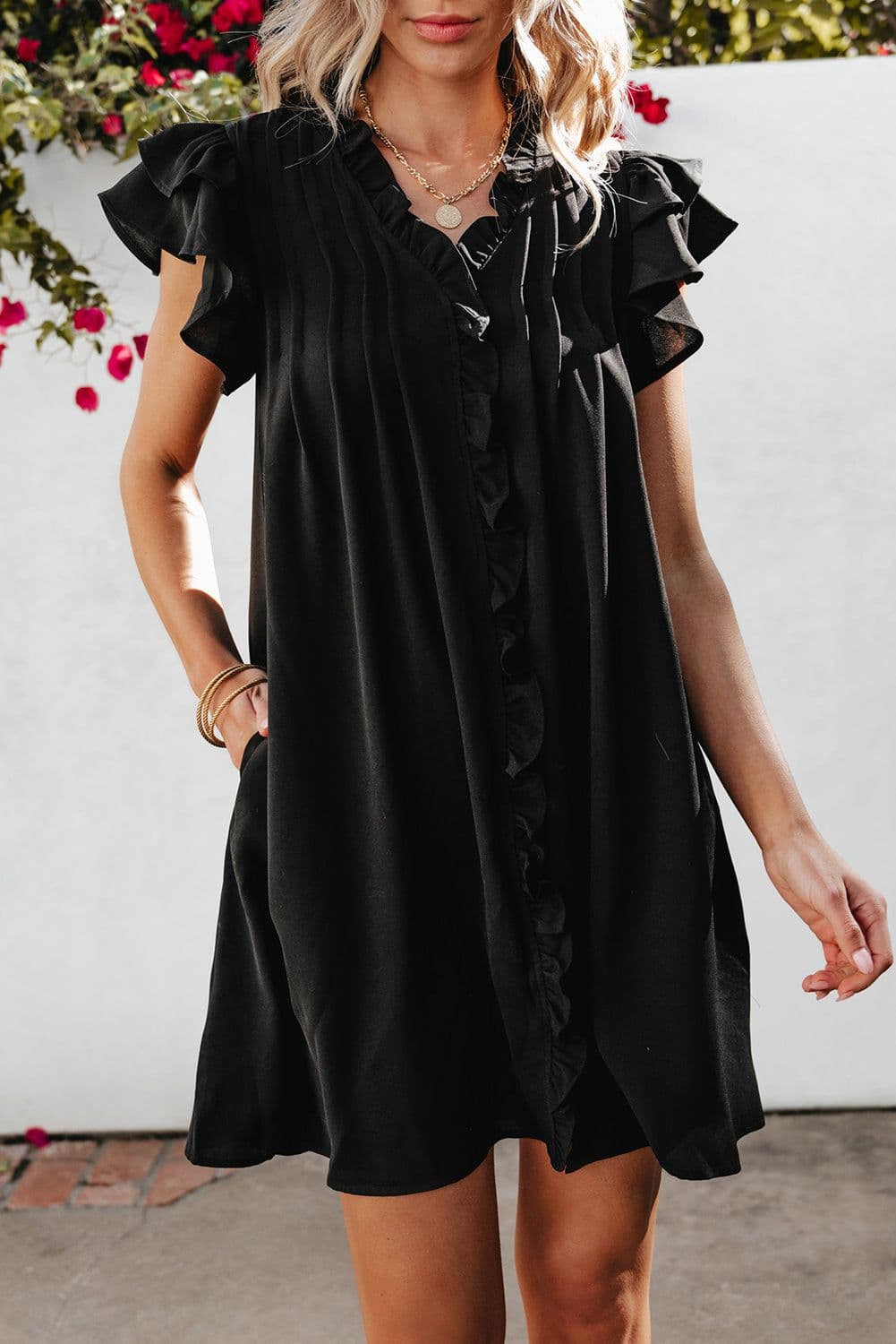 image-Black Ruffle Sleeve V Neck Frilled Shift Dress