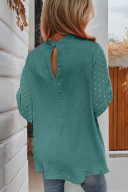 image-Gossamer Pink Swiss Dot Balloon Sleeve Blouse - Elegant & Romantic Design