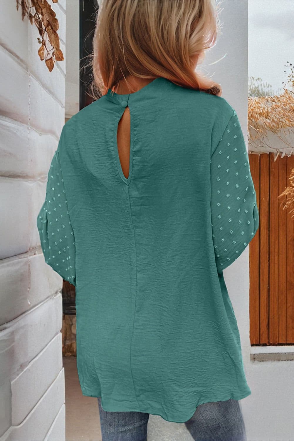 image-Gossamer Pink Swiss Dot Balloon Sleeve Blouse - Elegant & Romantic Design