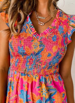 image-Floral Print Smocked Ruffle Trim Sleeve Blouse - Rose Red
