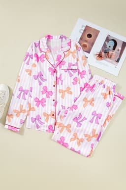 image-Pink Striped Bow Print Pajama Set - Piped Trim 2PC