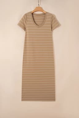 image-Khaki Stripe Casual Short Sleeve Side Slit Maxi T Shirt Dress
