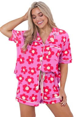 image-Green Flower Print Short Sleeve Pajamas Set