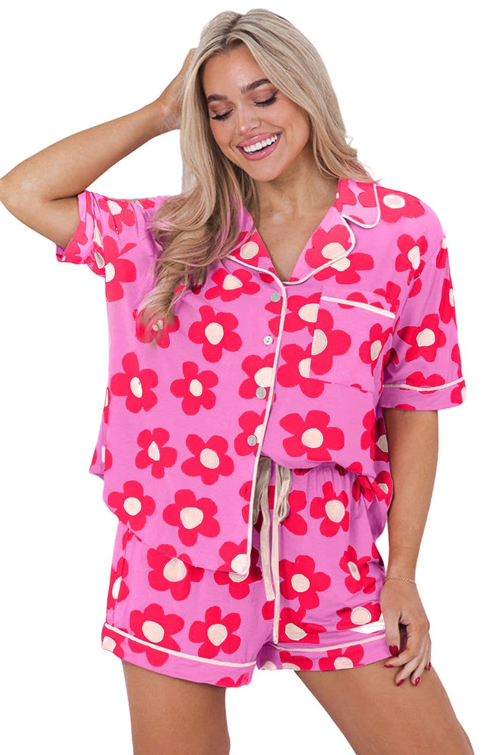 image-Green Flower Print Short Sleeve Pajamas Set