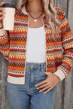 image-Boho Striped Zip Up Long Sleeve Jacket - Orange