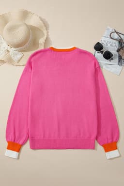 image-Sachet Pink Contrast Crew Neck Pearled Knit Sweater