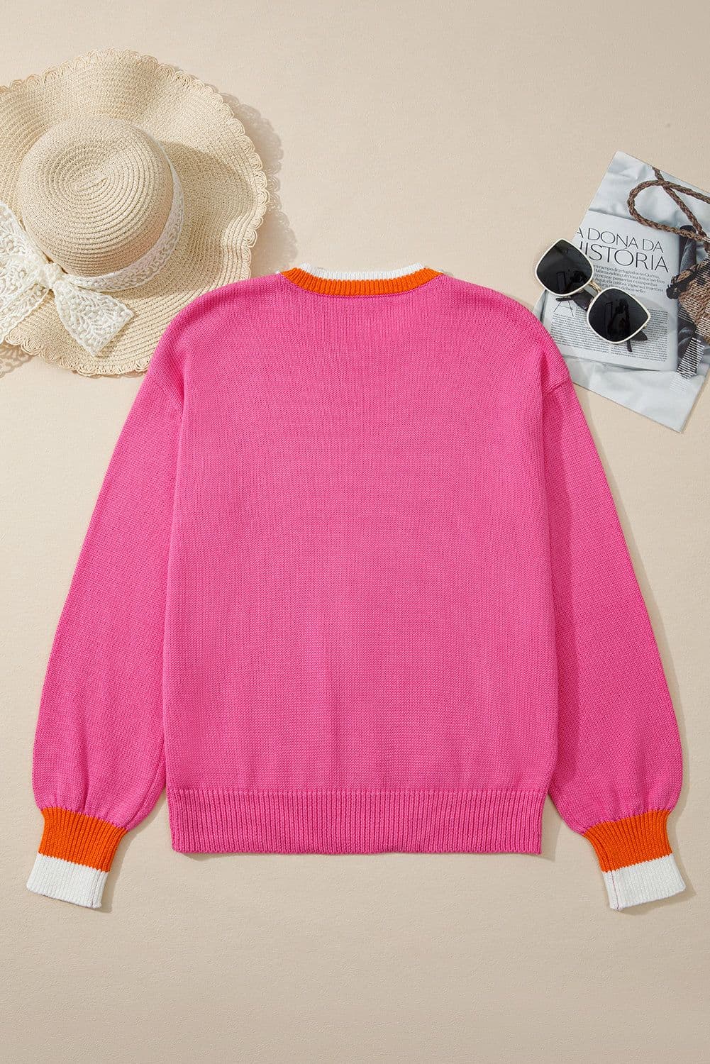 image-Sachet Pink Contrast Crew Neck Pearled Knit Sweater