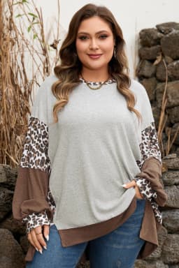 image-Gray Plus Size Leopard Color Block Dolman Sweatshirt