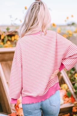 image-Santa Clause Print Drop Shoulder Long Sleeve Loose Top - Pink Stripe