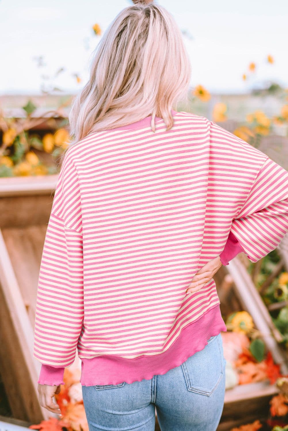 image-Santa Clause Print Drop Shoulder Long Sleeve Loose Top - Pink Stripe