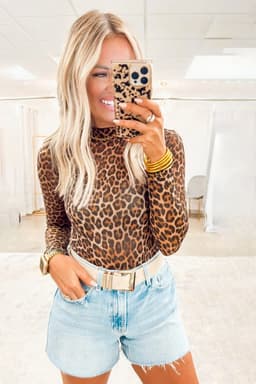 image-Brown Leopard Mock Neck Long Sleeve Mesh Top