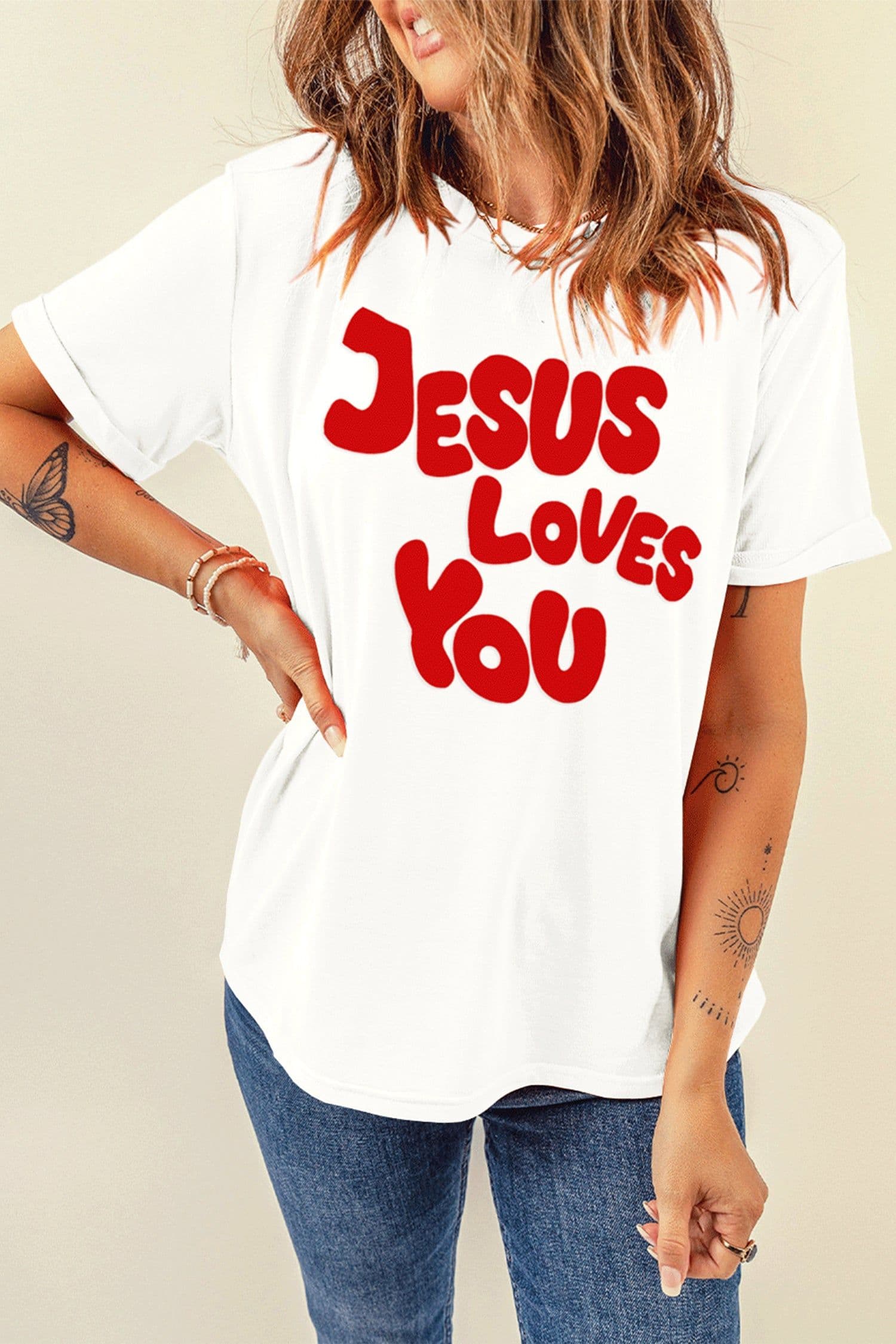 image-Jesus Loves You Graphic Tee - White Cotton Blend Casual T-Shirt