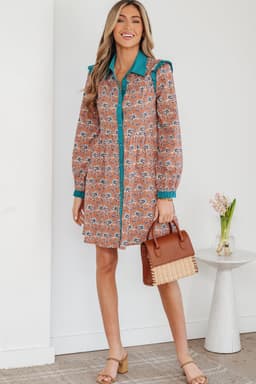 image-Orange Boho Floral Contrast Collared Shirt Dress