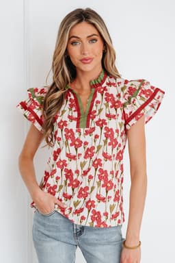 image-Pink Floral Print Blouse - V Neck Double Ruffle