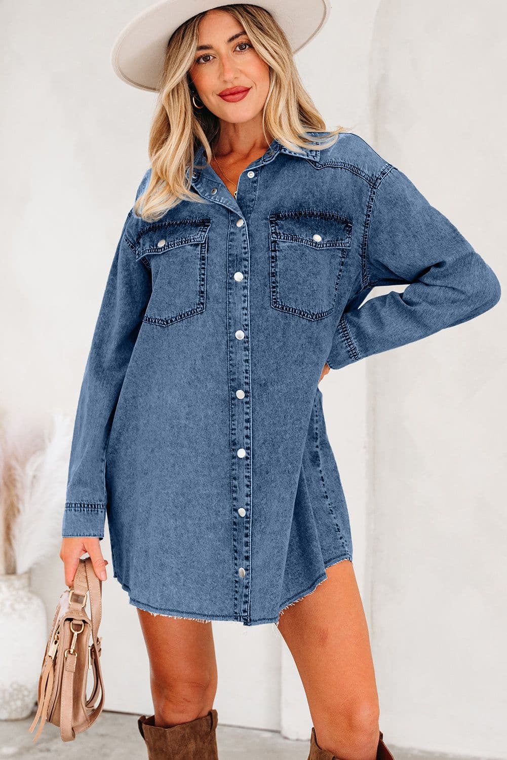 image-Blue Denim Shirt Dress Chest Pocket Raw Hem Loose