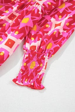 image-Strawberry Pink Geometric Print Smocked Long Sleeve Mini Dress