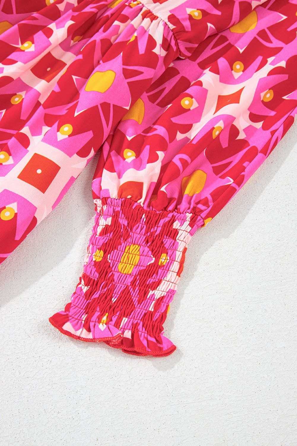 image-Strawberry Pink Geometric Print Smocked Long Sleeve Mini Dress