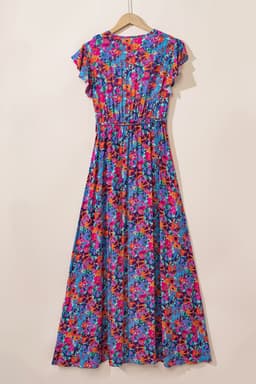 image-Blue Floral V Neck Wrap Split Maxi Dress