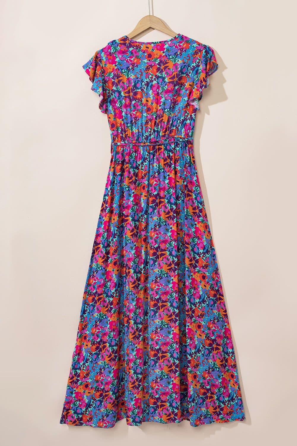image-Blue Floral V Neck Wrap Split Maxi Dress