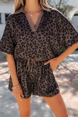 image-Brown V Neck Collar Leopard Printed 2pcs Short Set