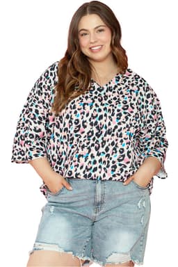 image-Brown Leopard Print V Neck Batwing Sleeve Top