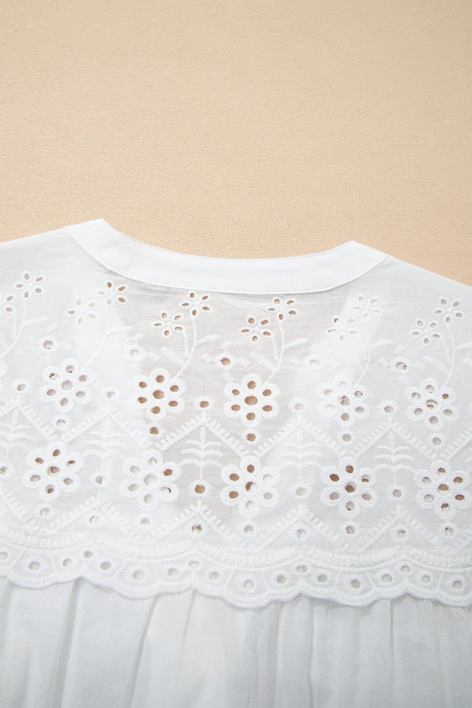 image-White Flower Eyelet Embroidered Patchwork Sheer Shirt