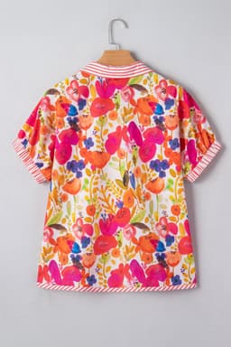 image-Rose Striped Trim Collared V Neck Short Sleeve Floral Print Blouse
