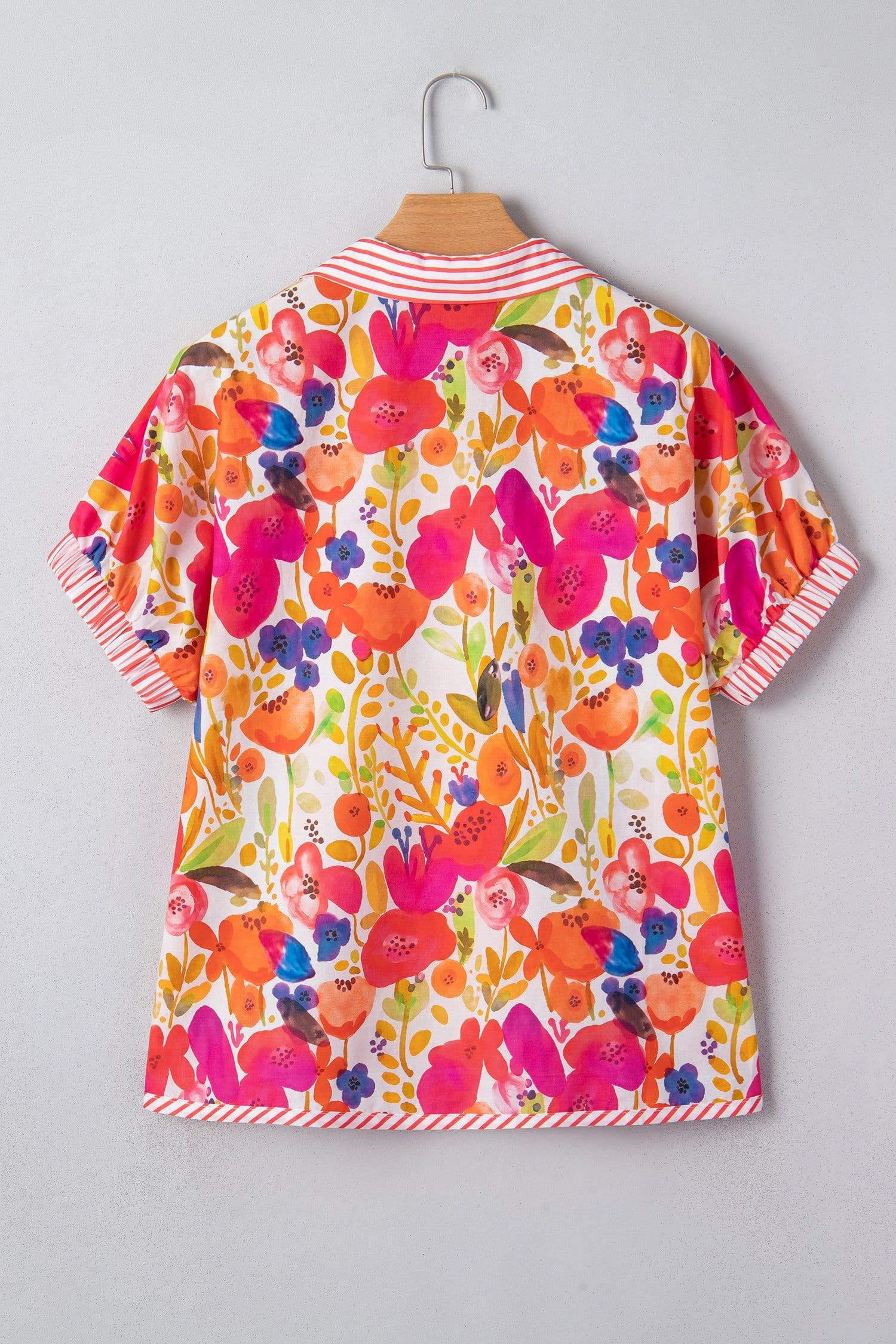 image-Rose Striped Trim Collared V Neck Short Sleeve Floral Print Blouse