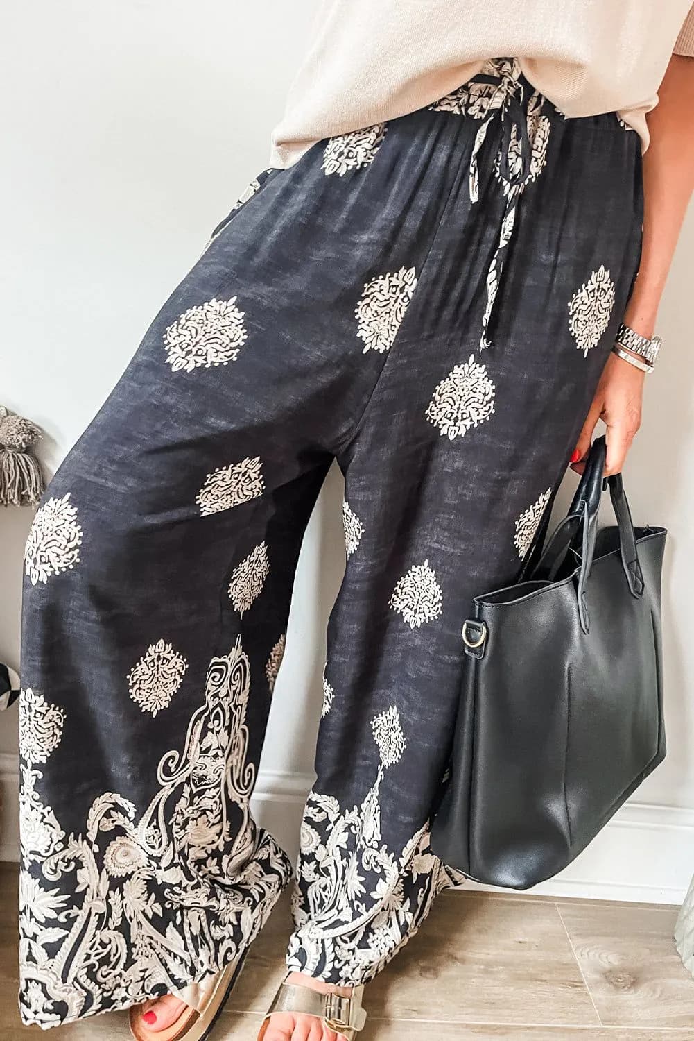 image-Bohemian Printed Wide Leg Pants - Drawstring Elastic Waist Black