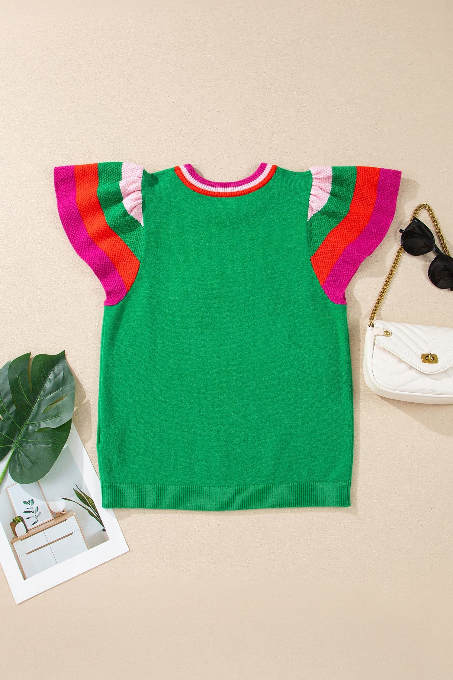 image-Bright Green Striped Flutter Sleeve Sweater