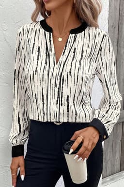 image-White Abstract Printed V Neck Fall Blouse