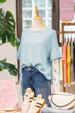 image-Beau Blue Floral Lace Waffle Patchwork Top