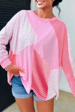 image-Sachet Pink Striped Colorblock Casual Top