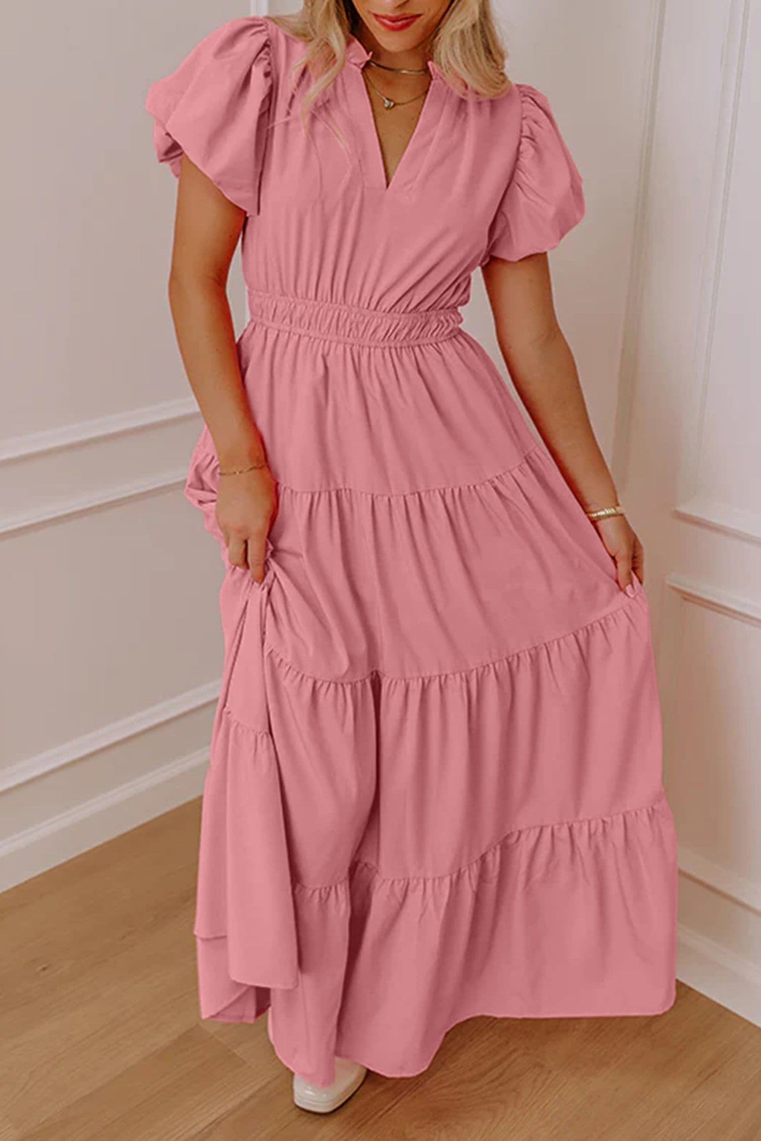 image-Bright Green V Neck Puff Sleeve High Waist Tiered Maxi