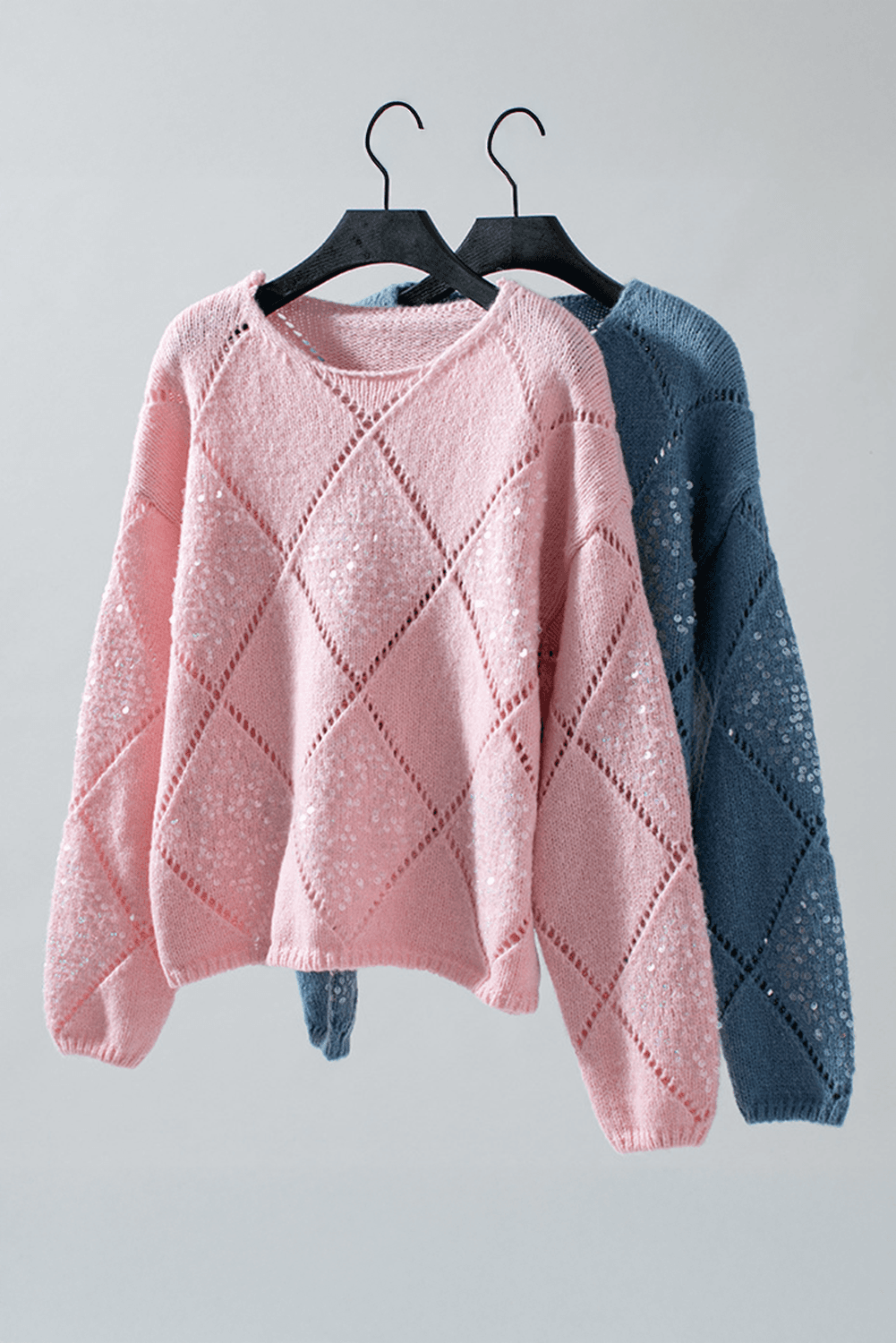 image-Light Pink Sequin Detail Round Neck Sweater with Hollowed Rhombus Pattern
