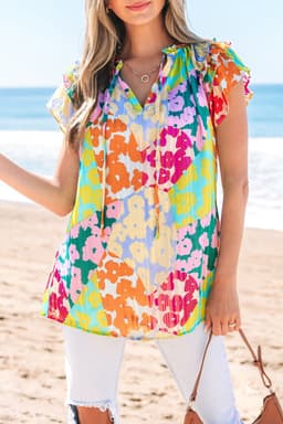 image-Leopard Flutter Sleeve V Neck Crinkled Blouse - Multicolour