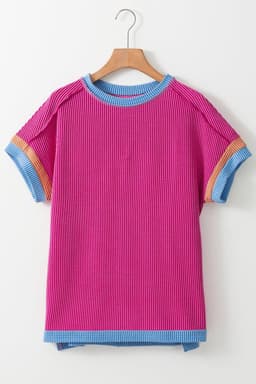 image-Bright Pink Textured T Shirt - Contrast Trim