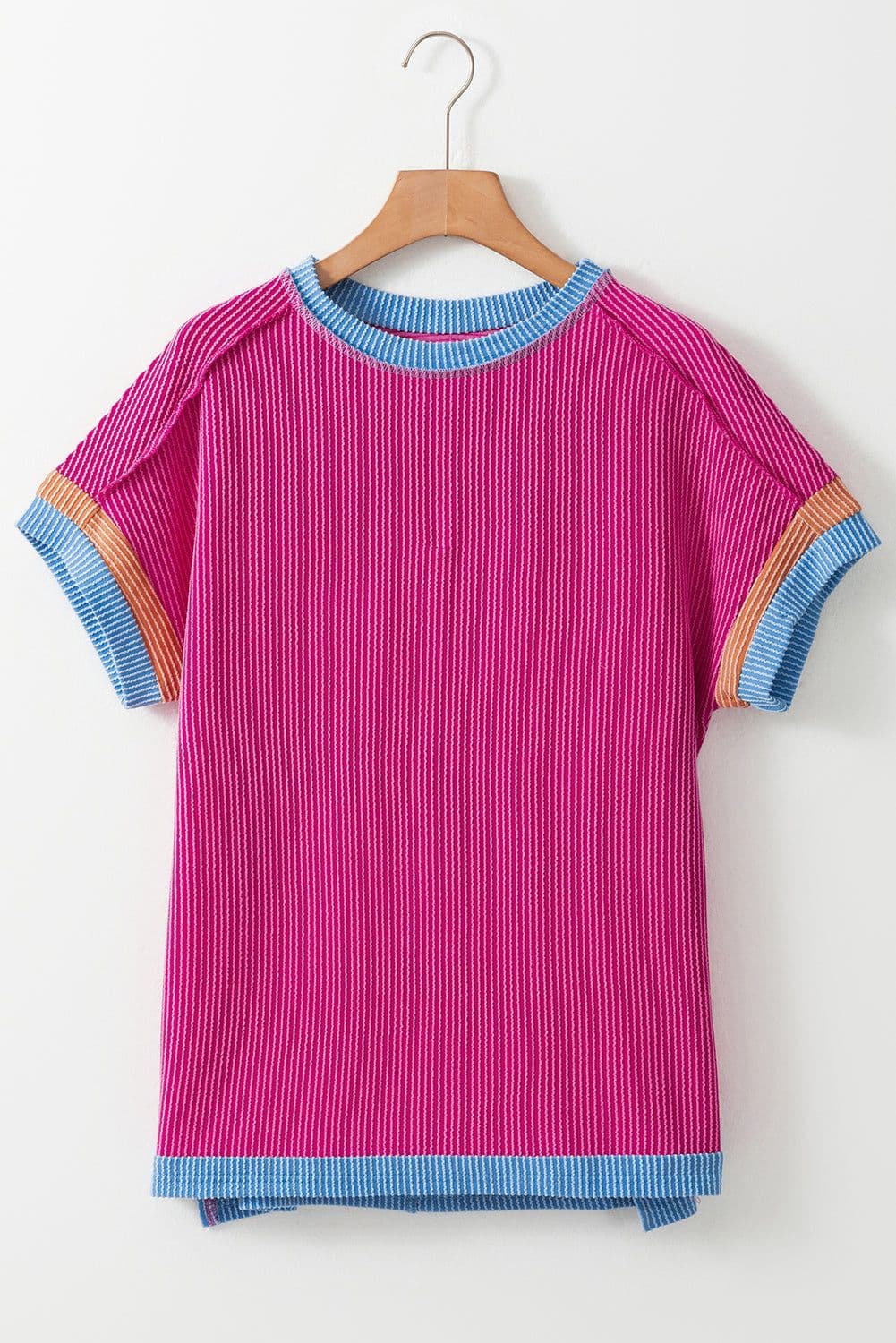 image-Bright Pink Textured T Shirt - Contrast Trim