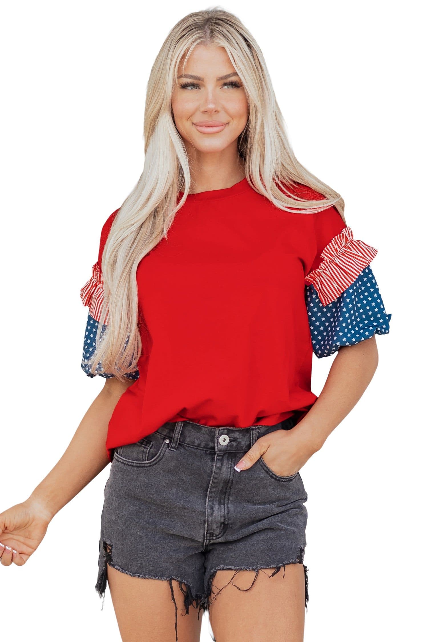 image-Beau Blue Stars Stripes Short Puff Sleeve Top