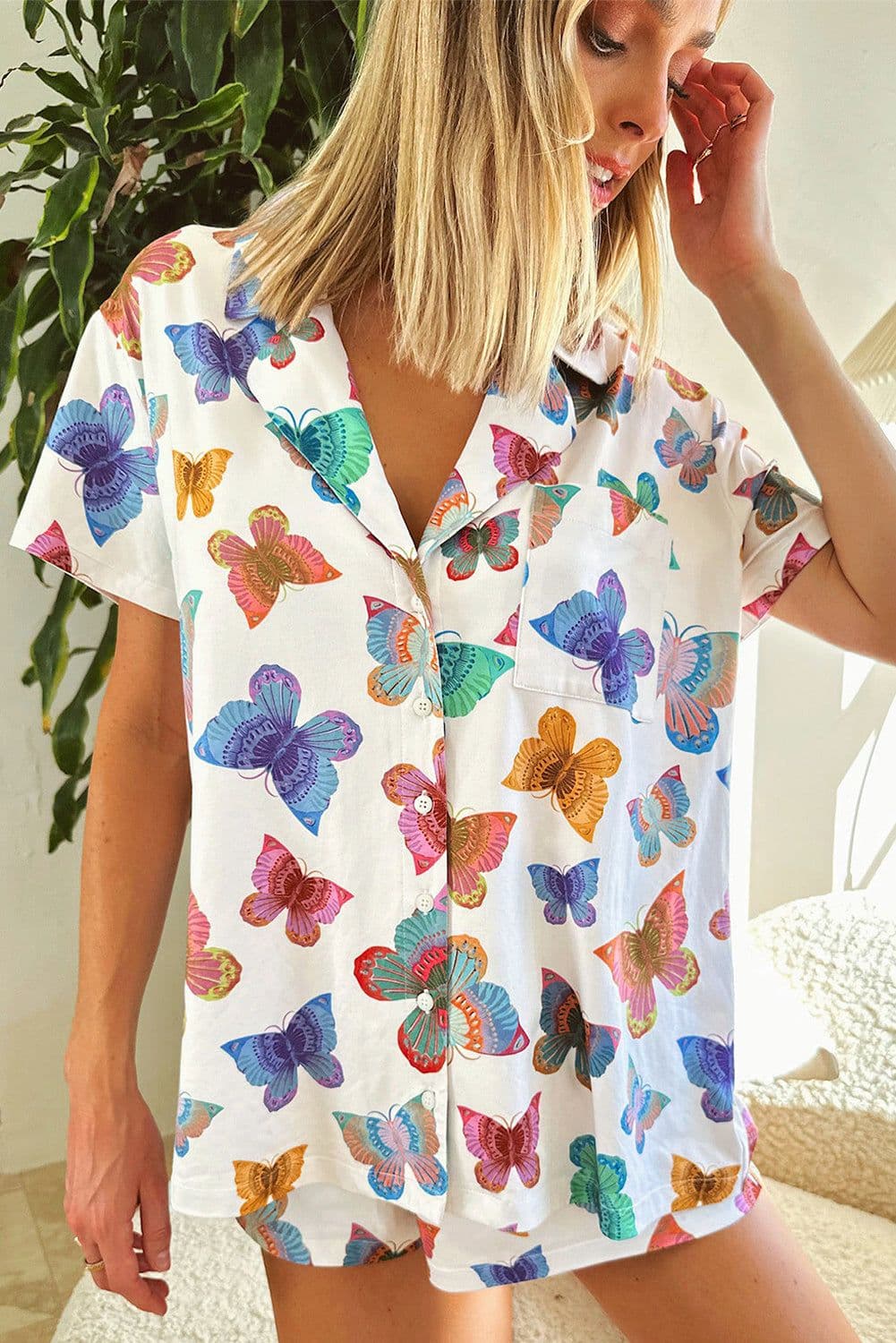 image-Multicolour Butterfly Pattern Short Sleeve Shirt Pajamas Set
