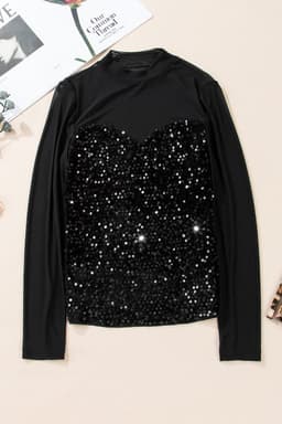 image-Black Sequin Velvet Sheer Mesh Mock Neck Blouse