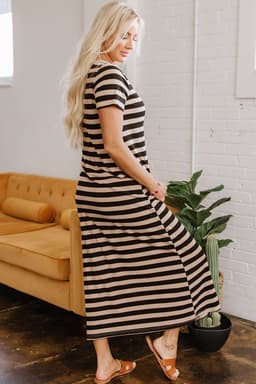 image-Black Stripe Casual Round Neck T-Shirt Maxi Dress