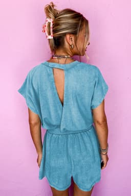 image-Sea Green Mineral Wash Drawstring Elastic Waistband Hollow Out Back Short Sleeve Romper