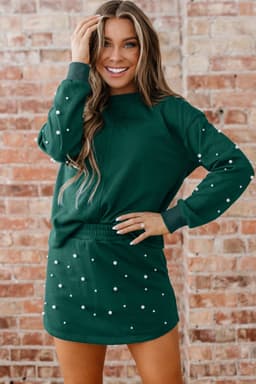 image-Dark Green Pearl Embellished Drop Shoulder Pullover Elastic Waist Mini Skirt Set