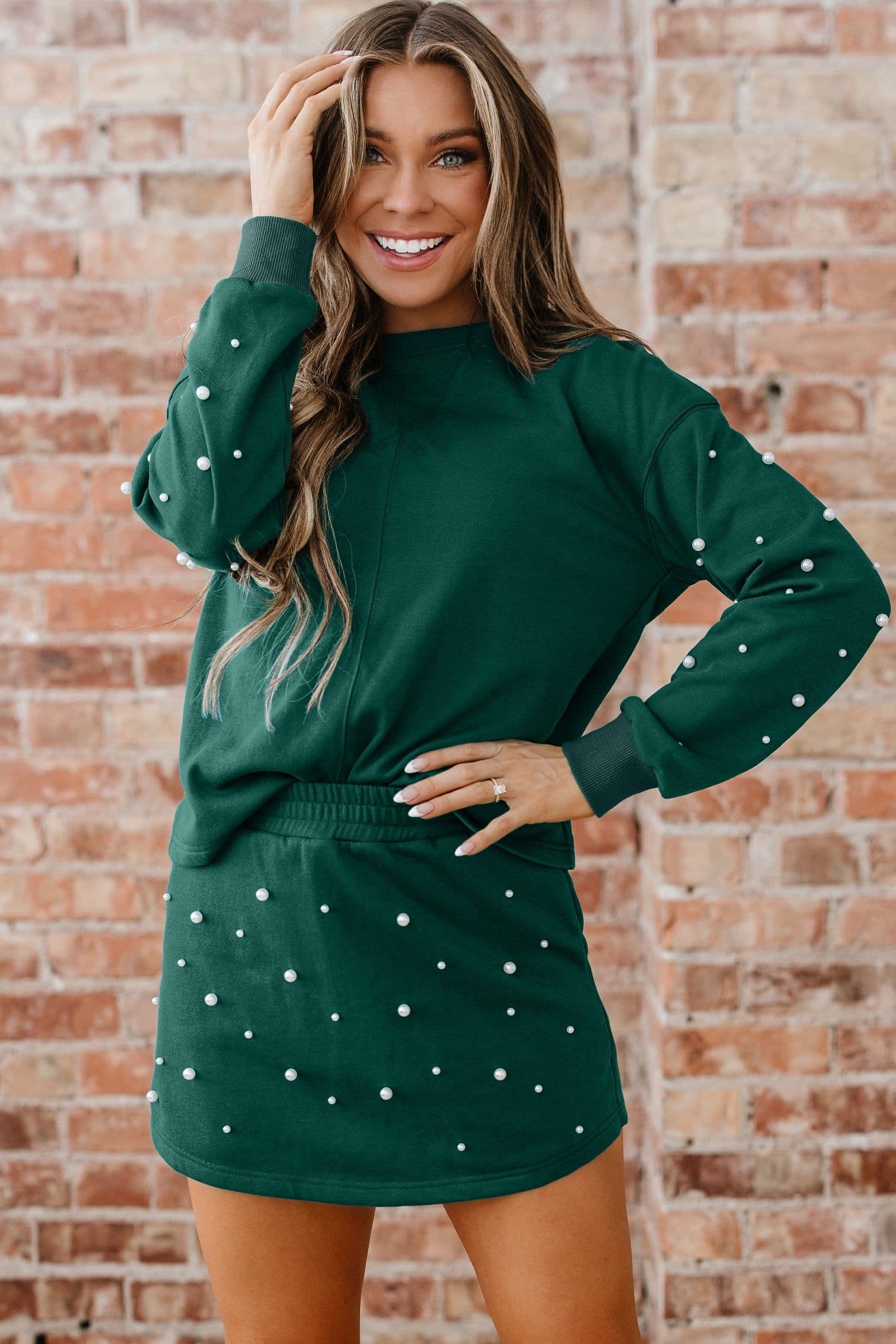 image-Dark Green Pearl Embellished Drop Shoulder Pullover Elastic Waist Mini Skirt Set